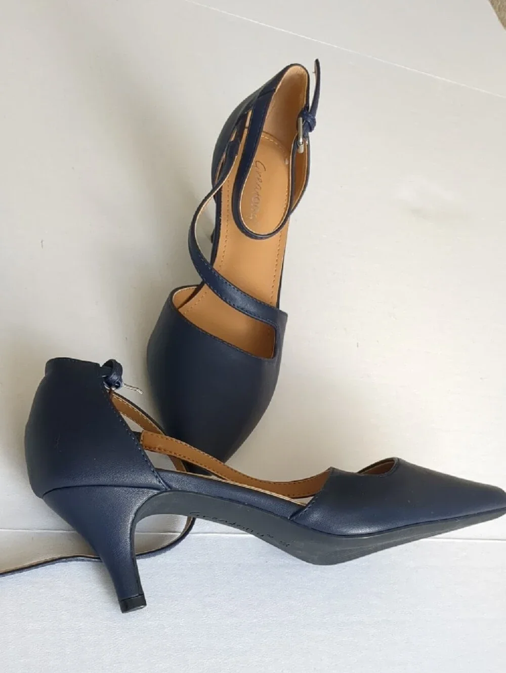 Strappy Pointed-Toe Ankle-Strap Heels in Navy
